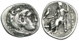 MACEDONIA. ALEJANDRO III. Abido. Dracma (c. 328-323 a.C.). R/ Delante de Júpiter monograma y prótomo de Pegaso. AR 4,19 g. PRC-1506. Pequeñas concreciones. MBC-/BC+.