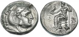 MACEDONIA. ALEJANDRO III. Tetradracma. Citium (c. 325-320 a.C.). R/ Delante del trono monograma KT y leyenda por debajo del trono poco visible. PRC-3106. MBC-/MBC+.