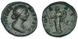 263  -  FAUSTINA LA MENOR. As. Roma (167-176). A/ Busto drapeado a der. R/ Hilaritas a izq. con palma y cornucopia; HILARITAS. RIC-1643. Pátina verde rugosa. MBC-.