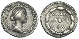 266  -  LUCILA (bajo M. Aurelio). Denario. Roma (164-169). R/ VOTA/PVBLI/CA dentro de corona. RIC-791. MBC-.