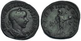 291  -  GORDIANO III. Sestercio. Roma (241-243). R/ Gordiano a der. con globo y lanza; P M TR P IIII COS II P P S-C. RIC-306a. MBC-. 