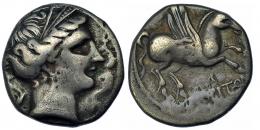 EMPORITON. Dracma. A/ Cabeza femenina der. rodeada de tres delfines. R/ Pegaso con cabeza modificada a der., debajo EMPORITON. CNH-65. I-1108. ACIP-211. Pátina gris. MBC-. Muy escasa. Ex HSA 12444, ex Vico 130/34.