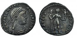 VALENTINIANO I como Augusto. Silicua. Lugdunum. R/ RESTITVTOR REIP, marca de ceca no visible. RIC-6. Ex hallazgo East Harptree (1887). MBC.