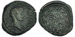ERCAVICA. Tiberio. Semis. A/ Cabeza laureada a der.; TI CAESAR AVGVSTVS. R/ Corona de roble rodenado ERCA/VICA. I-1284. RPC-463. Erosión en la superficie. MBC-/MBC+.