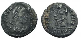 VALENTE como augusto. Silicua. Tréveris (364-373). R/ Roma entronizada a izq. con lanza y Victoria sobre globo; VRBS ROMA, en exergo TRPS. RIC-27b. Oxidaciones. MBC-.