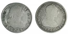 425  -  Lote 2 piezas de 2 reales: Madrid 1774 (1) y México 1789 (1). BC/MBC-.