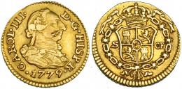 443  -  1/2 escudo. 1779. Sevilla. CF. VI-1088. Dos rayas en anv. MBC.