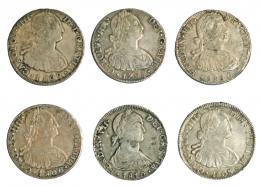 448  -  Lote 6 monedas de 8 reales: Lima (3), México (2) y Potosí (1). MBC-/MBC.