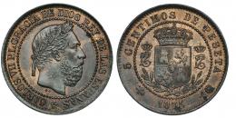 5 céntimos. 1875. Bruselas. No coincidente sobre eje horizontal. VII-116.1. Leve acuñación foja en rev. R.B.O. EBC.