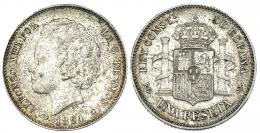 1 peseta. 1894*18-94. Madrid. PGV. VII-153. Pátina irregular. MBC+. Escasa.