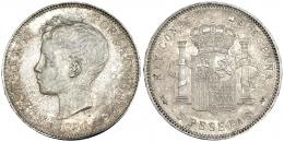 5 pesetas. 1896* 18-96. Madrid. PGV. VII-188. Pátina irregular. EBC.