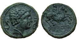 SEKAISA. Unidad. A/ Cabeza masculina imberbe con collar a der. entre dos delfines. R/ Jinete lancero a der., debajo ley. SEKaISA en cartela. CNH-41. I-No. ACIP-1561. Pátina verdosa. MBC. Muy rara.