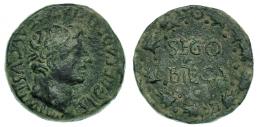 SEGOBRIGA. Augusto. Semis. A/ Cabeza a der., TI CAESAR DIVI AVG F AVGVST IMP VIII. R/ Corona de roble rodeando SEGO-BRIGA. I-2190 (vte.). RPC-475. Pátina verde oscuro. MBC-/MBC.