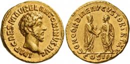MARCUS AURELIUS CAESAR. Aureus. AV 7.34 g. IMP CAES M AVREL ANTONINVS AVG Bare head r. Rev. CONCORDIAE AVGVSTOR TR P XV M. Aurelius and L. Verus standing, facing each other with clasped hands; M. Aurelius holds roll. In exergue, COS III. Minor marks, otherwise about extremely fine.