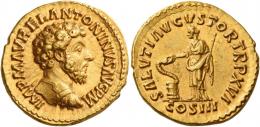 MARCUS AURELIUS AUGUSTUS. Aureus.  AV 7.35 g. IMP M AVREL ANTONINVS AVG P M Bare-headed and cuirassed bust r. Rev. SALVTI AVGVSTOR TR P XVI Salus standing l., feeding out of patera in r. hand snake coiled around altar and holding transverse sceptre in l., in exergue, COS III. C 559 var. (also draped). BMC p. 410, * var. (also draped). RIC 56 var. (also draped). Calicó 1911 (this coin). Good extremely fine.