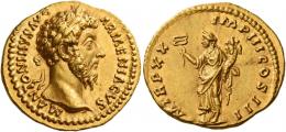MARCUS AURELIUS AUGUSTUS. Aureus. AV 7.30 g. M ANTONINVS AVG – ARMENIACVS Laureate head r. Rev. P M TR P XX – IMP III COS III Felicitas standing facing, head l. with r. foot on globe, holding caduceus in r. hand and cornucopia in l. A superb portrait of fine style, an unobtrusive area of flatness on obverse, otherwise virtually as struck and almost Fdc.