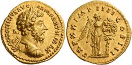 MARCUS AURELIUS AUGUSTUS. Aureus. AV 7.26 g. M ANTONINVS AVG – ARM PARTH MAX Laureate and cuirassed bust r. Rev. TR P XX IMP IIII COS III Victory standing facing, head r., holding palm branch in r. hand and fixing to a palm tree a shield inscribed VIC / PAR. Perfectly struck and centred on a full flan. Virtually as struck and almost Fdc.