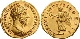 MARCUS AURELIUS AUGUSTUS. Aureus. AV 7.29 g. M ANTONINVS AVG – ARM PARTH MAX Laureate and cuirassed bust r. Rev. TR P XXI IMP IIII COS III Victory advancing l., holding wreath and palm branch. C 883 var. (also draped). Virtually as struck and almost Fdc.