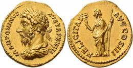 MARCUS AURELIUS AUGUSTUS. Aureus. AV 7.33 g. M ANTONINVS – AVG TR P XXIII Laureate and draped bust l. Rev. FELICITAS – AVG COS III Felicitas standing facing, head l., holding caduceus in r. hand and vertical sceptre in l. An unusual and interesting portrait struck in high relief, minor marks, otherwise good extremely fine.