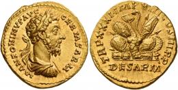MARCUS AURELIUS AUGUSTUS. Aureus. AV 7.22 g. M ANTONINVS AVG – GERM SARM Laureate, draped and cuirassed bust r. Rev. TR P XXXI IMP VIII COS III P P Pile of arms; in exergue, DE SARM. Extremely rare and in exceptional condition for the issue, undoubtedly one of the finest specimens known of this intriguing issue. Virtually as struck and almost Fdc.