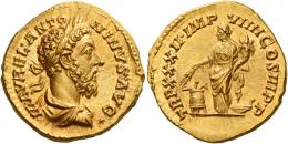 MARCUS AURELIUS AUGUSTUS. Aureus. , AV 7.33 g. M AVREL ANTO – NINVS AVG Laureate, draped and cuirassed bust r. Rev. TR P XXXII IMP – VIIII COS III P P Annona, draped and diademed, standing l., holding cornucopia and two ears of corn over modius filled with ears of corn and a poppy-head; on r., prow of ship. A bold portrait and a finely detailed reverse composition.
Virtually as struck and almost Fdc.