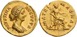 FAUSTINA II. Aureus. AV 7.26 g. FAVSTINA – AVGVSTA Draped bust r., hair waved and coiled at back of head. Rev. MATRI – MAGNAE Cybele seated r. on throne, holding drum; on either side, a lion. A lovely portrait struck in high relief, good extremely fine.