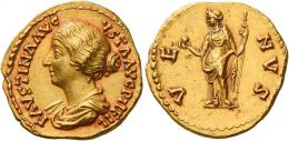 FAUSTINA II. Aureus. AV 7.28 g. FAVSTINA AVG – VSTA AVG P II FIL Draped bust l., hair coiled at back of head. Rev. VE – NVS Venus standing facing, head l., holding apple in r. hand and sceptre in l. An unusual portrait struck in high relief and a superb reddish tone. Almost invisible marks, otherwise extremely fine.