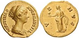 FAUSTINA II. Aureus. AV 7.17 g. FAVSTINAE – AVG PII AVG FIL Draped bust r., with band of pearls round head. Rev. V– E – NVS Venus standing l., holding apple in r. hand and rudder in l. 