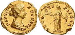 FAUSTINA II. Aureus. AV 7.19 g. FAVSTINA – AVGVSTA Draped bust r., hair coiled at back of head. Rev. AVGV – STI – PII FIL Diana standing l., holding bow and arrow. Struck on an irregular flan, otherwise virtually as struck and almost Fdc.