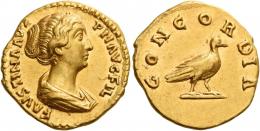 FAUSTINA II. Aureus. AV 7.27 g. FAVSTINA AVG – PII AVG FIL Draped bust r., hair coiled at back of head. Rev. CONCORDIA Dove standing r. Struck in high relief and extremely fine.