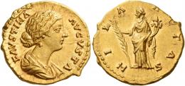 FAUSTINA II. Aureus. AV 7.24 g. FAVSTINA – AVGVSTA Draped bust r. Rev. HIL – A – R – ITAS Hilaritas standing l., holding long palm branch in r. hand and cornucopia in l. A wonderful portrait of fine style, virtually as struck and almost Fdc.