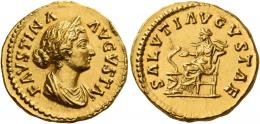 FAUSTINA II. Aureus.  AV 7.39 g. FAVSTINA – AVGVSTA Draped and diademed bust r., hair waved and coiled at back of head. Rev. SALVTI AVGVSTAE Salus seated l., feeding out of patera snake twined around altar. An interesting portrait of excellent style with a light reddish tone. Virtually as struck and almost Fdc.