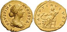 FAUSTINA II. Aureus. AV 7.23 g. FAVSTINA – AVGVSTA Draped bust r., hair waved and coiled at back of head. Rev. SALVTI AVGVSTAE Salus seated l., feeding out of patera snake twined around altar. Good very fine.