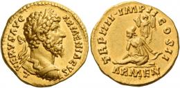 LUCIUS VERUS. Aureus. AV 7.29 g. ·L·VERVS AVG – ARMENIACVS Laureate and cuirassed bust r. Rev. TR P IIII ·IMP II – COS II Armenia seated l., l. hand resting on bow and quiver; behind, trophy; in exergue, ARMEN. Very rare and in exceptional condition for the issue. Extremely fine / good extremely fine.