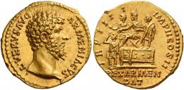LUCIUS VERUS. Aureus.  AV 7.23 g. ·L·VERVS AVG – ARMENIACVS Bare head r. Rev. TR P IIII – IMP II COS II Lucius Verus seated l. on platform; behind and before him respectively, officer and soldier. Below platform, king Soahemus standing l. and raising r. hand to his head. In exergue, REX ARMEN / DAT. In an exceptional state of preservation. A perfect Fdc.
