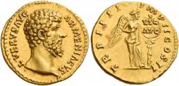 LUCIUS VERUS. Aureus. AV 7.26 g. ·L·VERVS AVG – ARMENIACVS Bare head r. Rev. TR P IIII – IMP II COS II Victory, half-draped, standing r., placing a shield inscribed VIC / AVG on a palm tree.  Minor area of weakess on obverse and unobtrusive marks, otherwise extremely fine / good extremely fine.