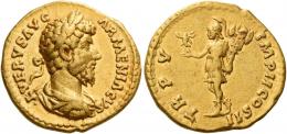 LUCIUS VERUS. Aureus. AV 7.21 g. L VERVS AVG – ARMENIACVS Laureate, draped and cuirassed bust r. Rev. TR P V – IMP II COS II Roma standing l., holding Victory and trophy. Good very fine.