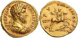 LUCIUS VERUS. Aureus.  AV 7.27 g. L VERVS AVG – ARM PARTH MAX Laureate, draped and cuirassed bust r. Rev. TR P V – IMP III COS II Emperor, in military attire, on horseback r., spearing fallen enemy. A bold portrait and a finely detailed reverse composition. Wonderful reddish tone and extremely fine. 
