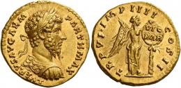 LUCIUS VERUS. Aureus. AV 7.31 g. L VERVS AVG ARM – PARTH MAX Laureate, draped and cuirassed bust r. Rev. TR P VI IMP IIII – COS II Victory, half-draped, standing r., placing shield inscribed VIC / PAR on a palm tree.  In an exceptional state of preservation. A perfect Fdc.