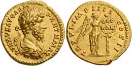 LUCIUS VERUS. Aureus. AV 7.21 g. L VERVS AVG ARM – PARTH MAX Laureate, draped and cuirassed bust r. Rev. TR P VI IMP IIII – COS II Victory, half-draped, standing r., placing shield inscribed VIC / PAR on a palm tree. Virtually as struck and almost Fdc.