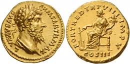 LUCIUS VERUS. Aureus. AV 7.22 g. L VERVS AVG – ARM PARTH MAX Laureate and draped bust r. Rev. FORT RED TR P VIII IMP V Fortuna seated l., holding rudder in r. hand and cornucopia in l.; in exergue, COS III.  A powerful portrait of excellent style struck in high relief. Virtually as struck and almost Fdc.