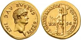 NERO CAESAR. Aureus. AV 7.32 g. NERO CAESAR·AVG IMP Bare head r. Rev. PONTIF MAX TR – P VII COS IIII P·P Virtus, helmeted and in military attire, standing l., holding parazonium and sceptre; r. foot on pile of arms; at his sides, EX – SC. Rare. Struck in high relief on a very broad flan. Virtually as struck and almost Fdc.