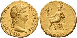 NERO AUGUSTUS. Aureus.  AV 7.26 g. NERO CAESAR – AVGVSTVS Laureate head r. Rev. Roma seated l. on cuirass, holding Victory in r. hand and parazonium in l.; in exergue, ROMA. Matt surface and several marks, otherwise about extremely fine.