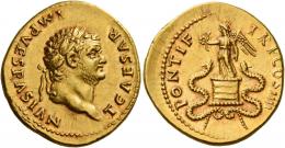 TITUS CAESAR. Aureus. AV 7.28 g. T CAESAR – IMP VESPASIAN Laureate head r. Rev. PONTIF – TR P COS IIII Victory standing l. on cista mistica, holding wreath in r. hand and palm branch in l.; on either side, coiled snake. A spectacular portrait struck on a very broad flan and a light reddish tone. Virtually as struck and almost Fdc.