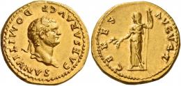 DOMITIAN CAESAR. Aureus. AV 7.54 g. CAESAR AVG F – DOMITIANVS Laureate head r. Rev. CERES – AVGVST Ceres standing l., holding corn ears in r. hand and sceptre in l. A very unusual and gentle portrait struck in high relief. Two almost invisible scuffs, one on the obverse and the other one on the reverse, otherwise good extremely fine.