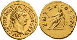 TRAJAN AUGUSTUS. Aureus. AV 7.47 g. IMP CAES NERVA TRA – IAN AVG GERM Laureate head r. Rev. P M TR P COS II P P Germania seated l. on oblong shields, holding branch in r. hand and resting l. arm on shields. Below, between shields, helmet. Struck on a very broad flan, several minor marks, otherwise extremely fine.