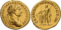TRAJAN AUGUSTUS. Aureus. AV 7.23 g. IMP TRAIANO AVG GER DAC P M TR P COS VI P P Laureate, draped and cuirassed bust r. Rev. CONSERVATORI PATRIS PATRIAE Jupiter standing l., holding sceptre in l. hand and thunderbolt in extended r. over the head of small figure of Trajan standing l., holding branch in extended r. hand and short sceptre in l. C 46 var. (not cuirassed). Very rare. Minor marks on edge and obverse field, otherwise good extremely fine.