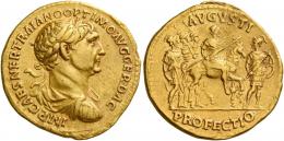 TRAJAN AUGUSTUS. Aureus.  AV 7.27 g. IMP CAES NER TRAIANO OPTIMO AVG GER DAC Laureate, draped and cuirassed bust r. Rev. AVGVSTI – PROFECTIO Emperor on horse prancing r., holding spear; in r. field, soldier advancing r., head l., holding spear and shield. Behind, three soldiers advancing r. C 41 var. (not cuirassed). Extremely rare, apparently only the sixth specimen known. Struck on a very broad flan and good very fine / about extremely fine.
