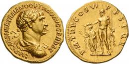 TRAJAN AUGUSTUS. Aureus. AV 7.24 g. IMP CAES NER TRAIANO OPTIMO AVG GER DAC Laureate, draped and cuirassed bust r. Rev. P M TR P COS VI P P S P Q R Jupiter standing l., holding a long sceptre in l. hand and a thunderbolt in r. over a smaller figure of Trajan, togate, standing l. holding a branch in r. hand and a small sceptre in l. C 268 var. (not cuirassed). Extremely fine.