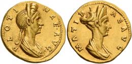 PLOTINA. Aureus. AV 7.24 g. PLOTI – NAE AVG Draped bust of Plotina r., wearing double metal stephane. Rev. MATIDI – AE AVG Diademed and draped bust of Matidia. Extremely rare and among the finest specimens known. Two extraordinary portraits of excellent style perfectly struck in high relief. Extremely fine.